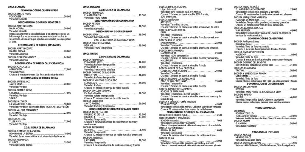 carta de bebidas